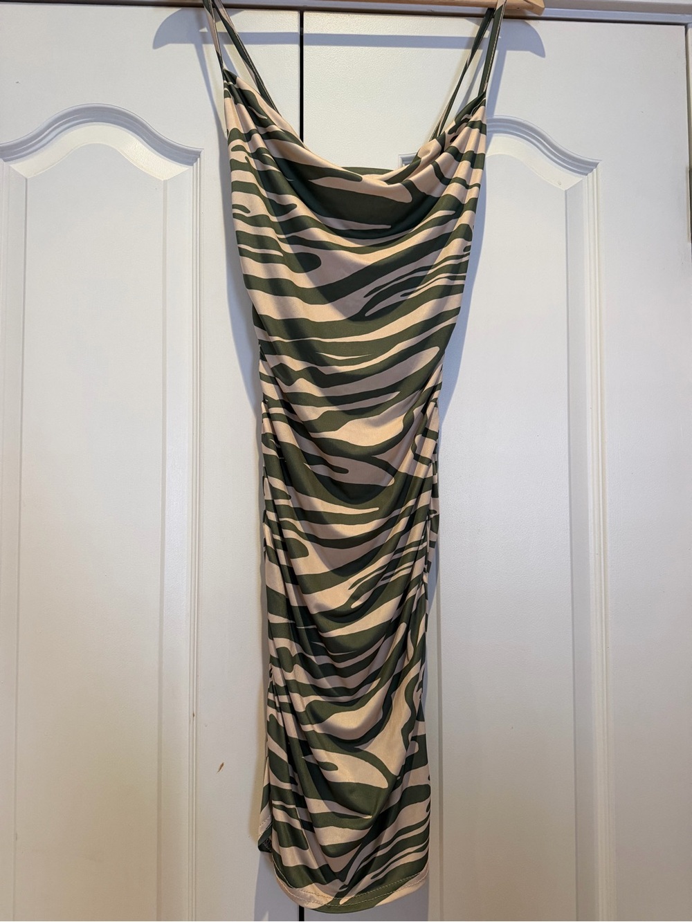 PrettyLittleThing Olive & Cream Zebra Cowl Midi Slip Dress